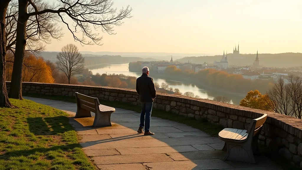 Historic stone fortification walls overlooking a wide river valley with city buildings in distance