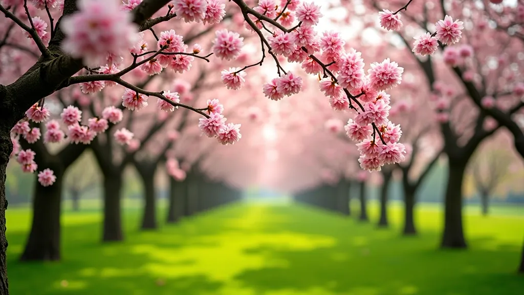 Spring flowering trees with pink and white blossoms blooming abundantly in a green park setting, morning sunlight