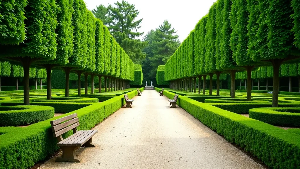 Formal hedge garden with geometric patterns, sculpted boxwood shapes, and gravel pathways with benches
