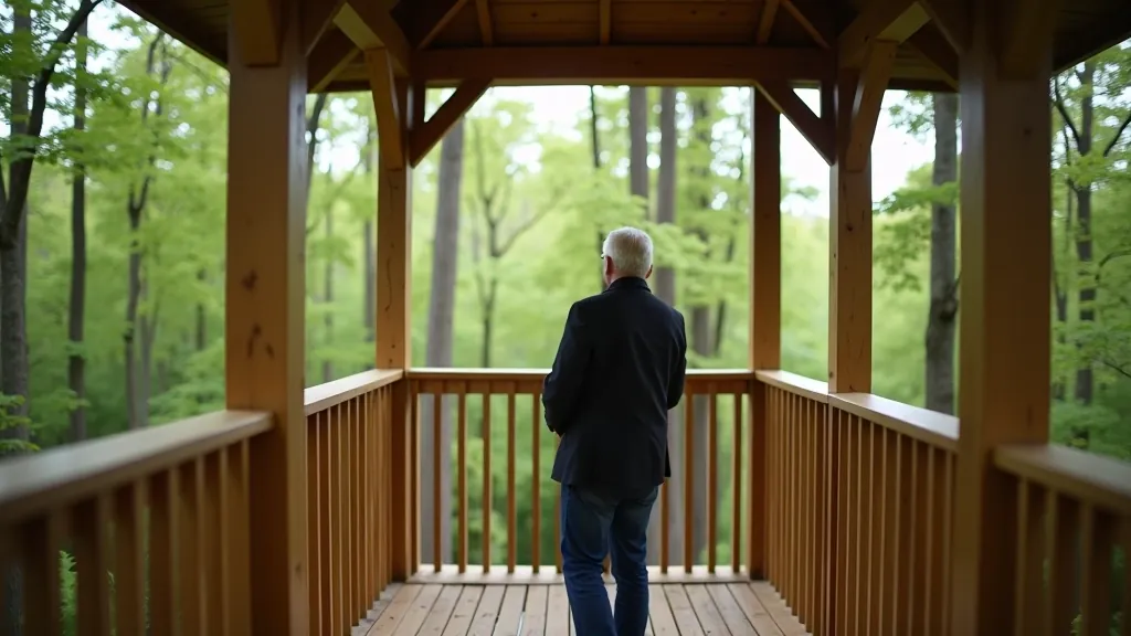 Interior view of wooden observation tower platform looking out over forest canopy, railing in foreground, trees stretching to horizon in soft green haze