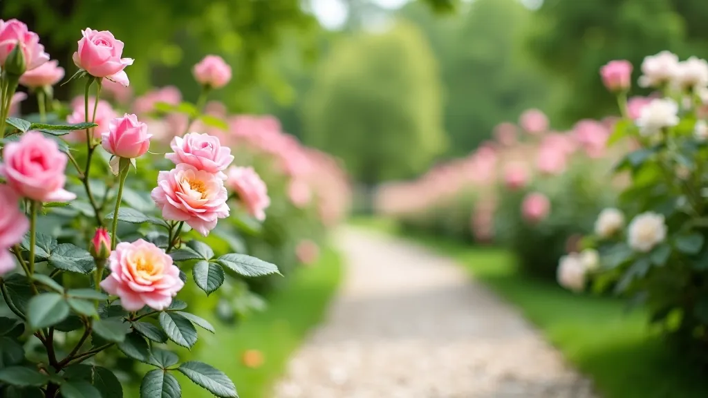 Ornamental rose garden with blooming roses in pink and white varieties, gravel pathways, manicured shrubs