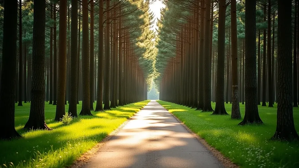 Peaceful forest path with tall pine trees creating natural canopy and filtered sunlight on the ground