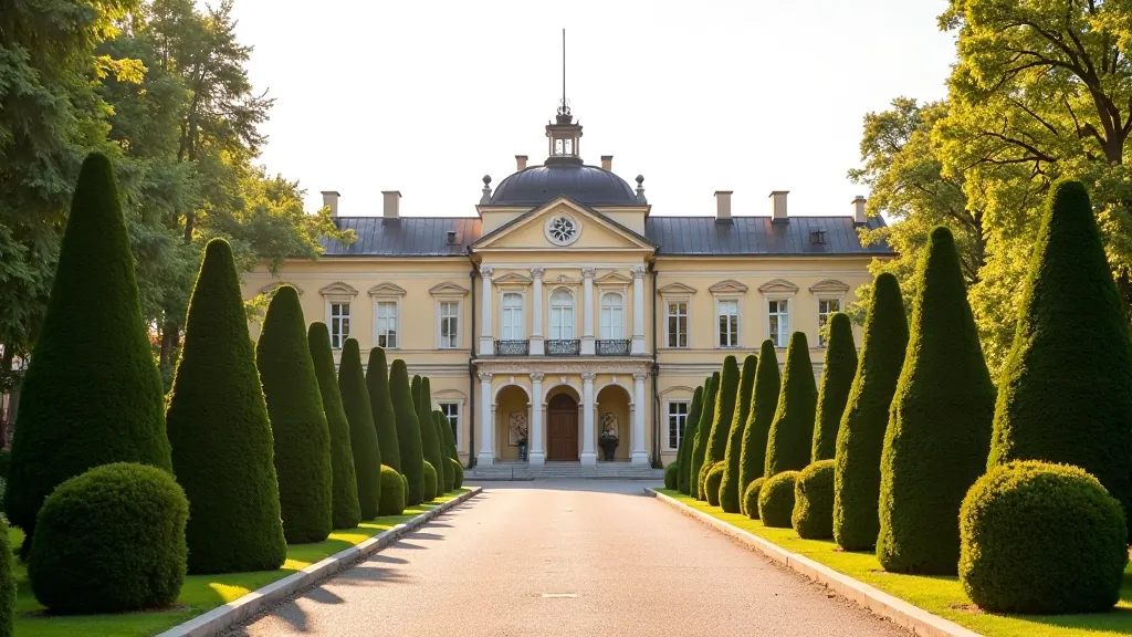 Baroque palace entrance with symmetrical stone facades and formal garden pathways leading to the main building