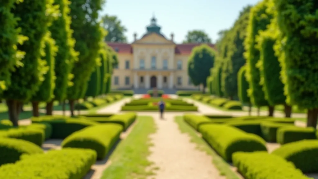 Ornate Baroque palace with manicured formal gardens featuring geometric hedge patterns and flower beds
