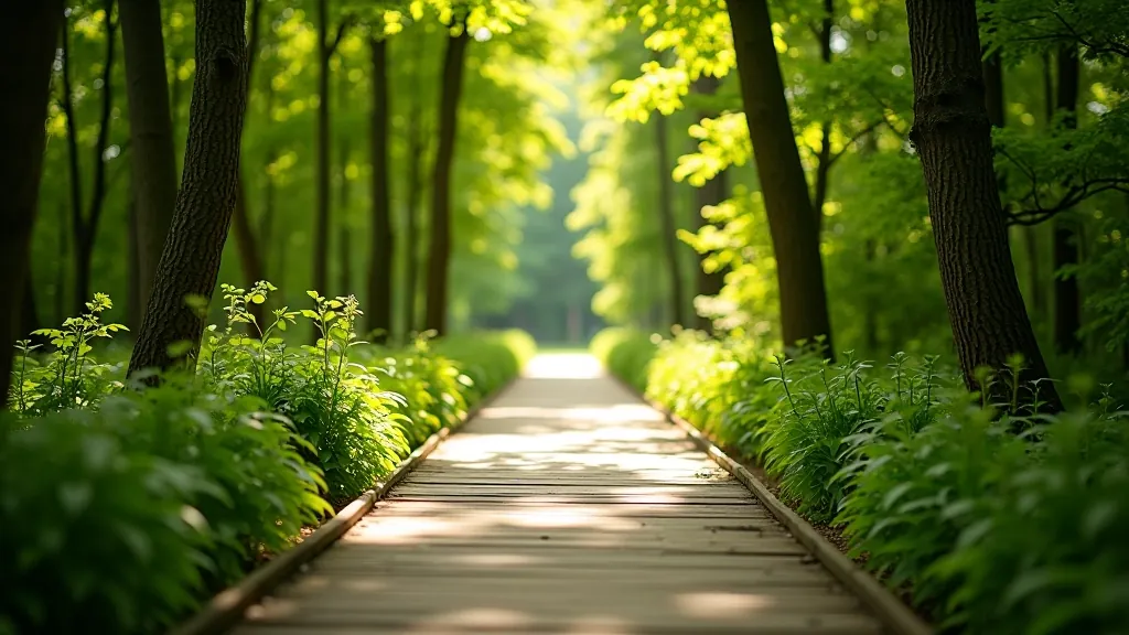Scenic wooden boardwalk pathway winding through green forest with tall trees on both sides