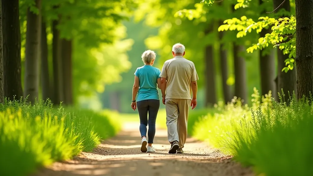 Seniors enjoying a peaceful walk on a Latvian forest trail surrounded by green vegetation