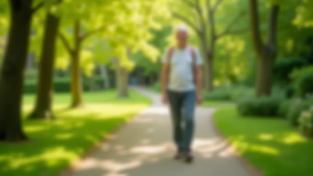 Visitor walking along shaded tree-lined pathway, dappled light, peaceful garden environment