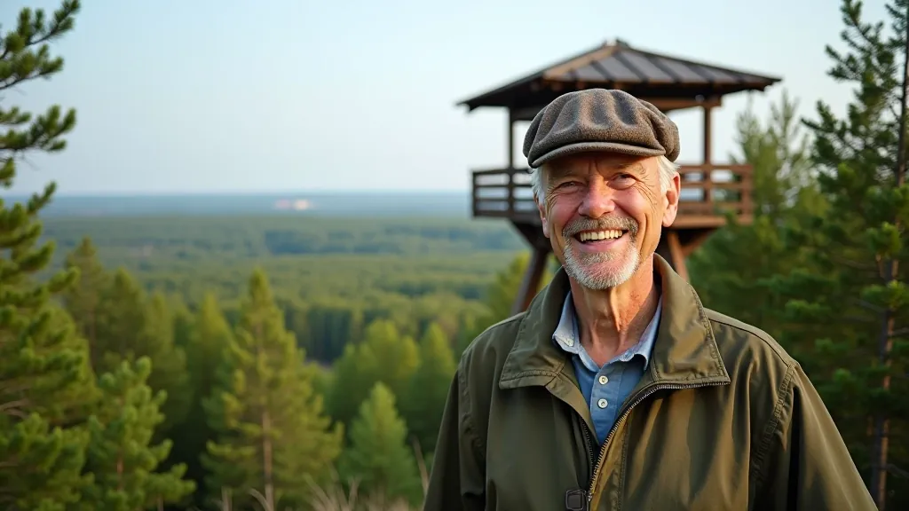 Wooden observation tower rising above dense green forest canopy with clear sky background